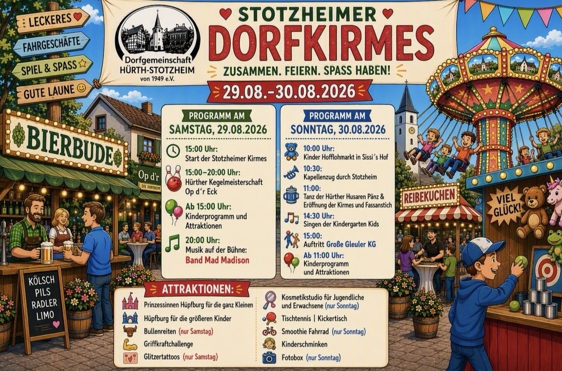 Plakat der Stotzheimer Dorfkirmes am 29. und 30. August 2026 mit Programm und Attraktionen